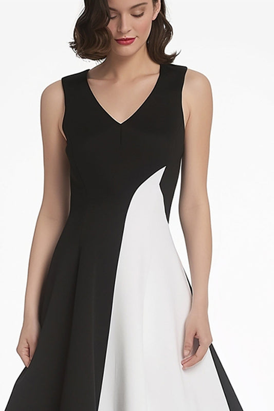 Chic Black and White V-Neck A Line Midi Cocktail Dress
