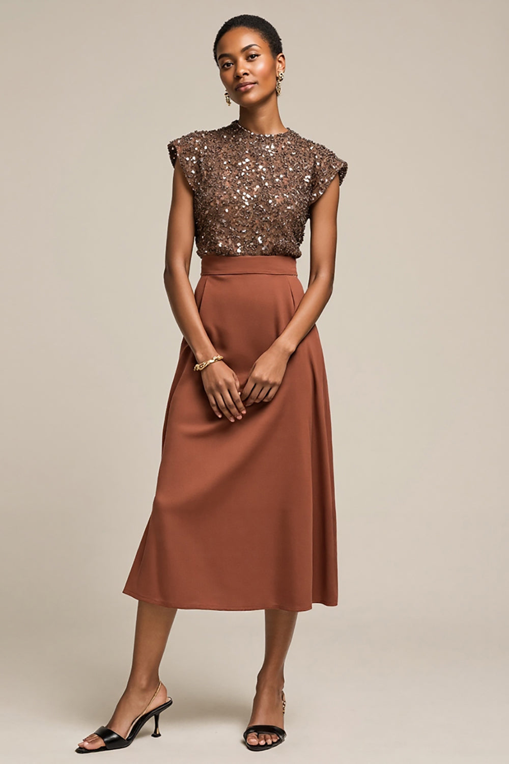 Sparkly Brown Satin Cap Sleeves Midi 2 Piece Work Blouses and Skirt with Sequins Sparkly Brown Satin Cap Sleeves Midi 2 Piece Work Blouses and Skirt with Sequins