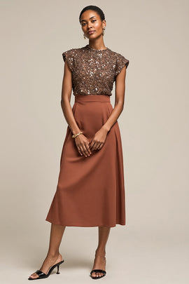 Sparkly Brown Satin Cap Sleeves Midi 2 Piece Work Blouses and Skirt with Sequins