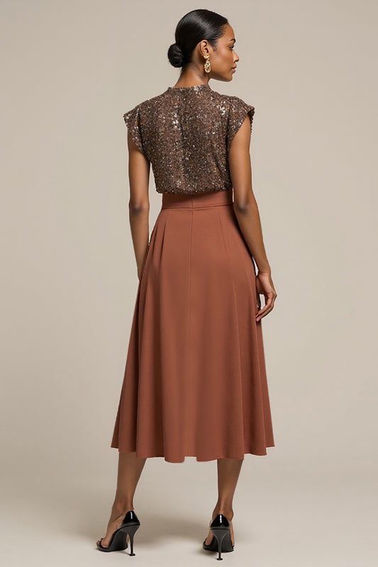Sparkly Brown Satin Cap Sleeves Midi 2 Piece Work Blouses and Skirt with Sequins