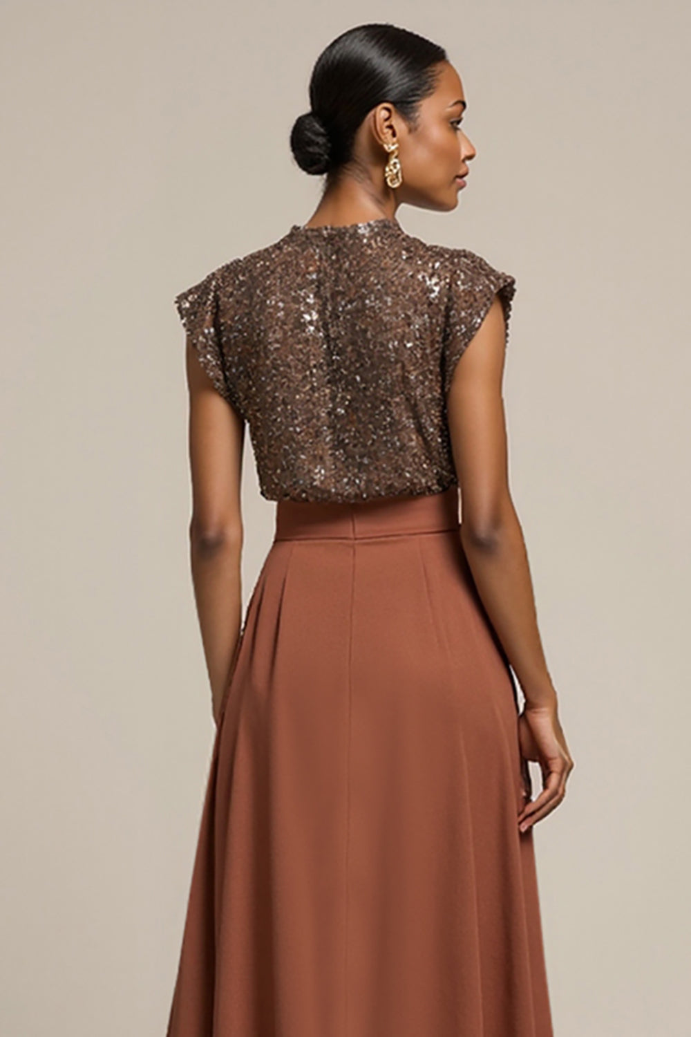 Sparkly Brown Satin Cap Sleeves Midi 2 Piece Work Blouses and Skirt with Sequins Sparkly Brown Satin Cap Sleeves Midi 2 Piece Work Blouses and Skirt with Sequins