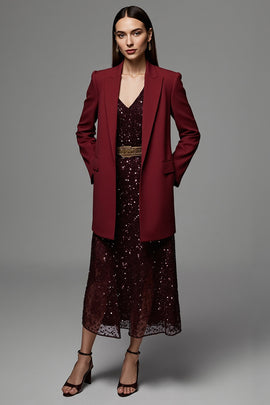 Burgundy Peak Lapel Long Sleeves Satin Women Work Blazer with Pockets