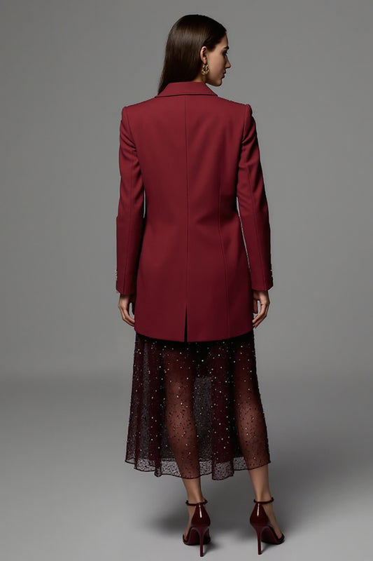 Burgundy Peak Lapel Long Sleeves Satin Women Work Blazer with Pockets