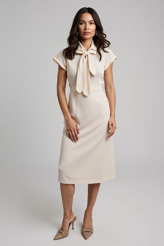 Apricot Pencil Short Sleeves Midi Work Dress with Bow
