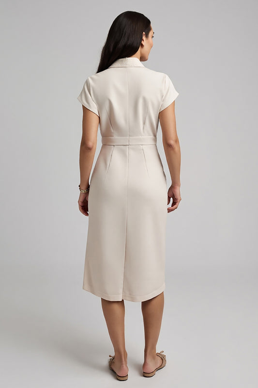 Apricot Pencil Short Sleeves Midi Work Dress with Bow