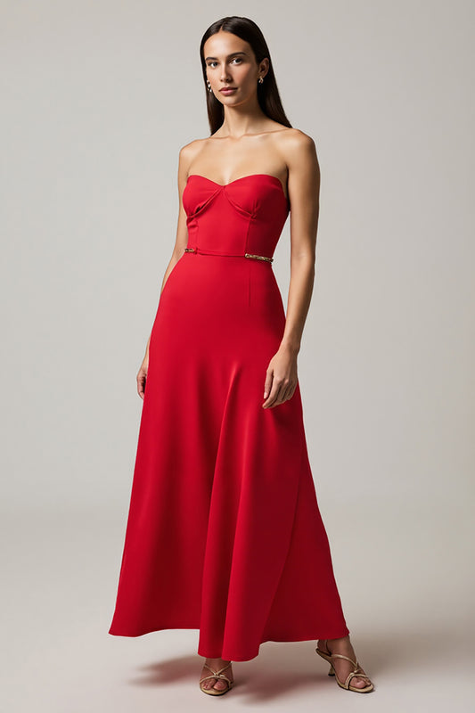 Red Satin A Line Strapless Long Formal Dress