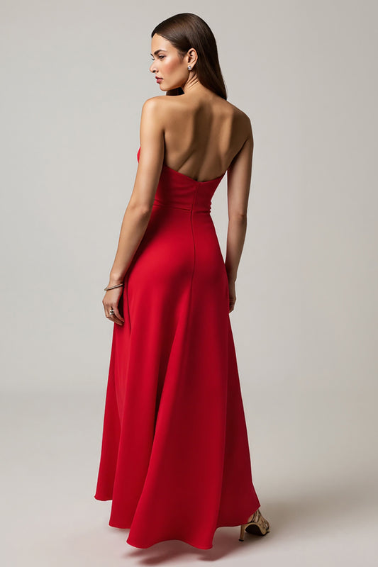 Red Satin A Line Strapless Long Formal Dress