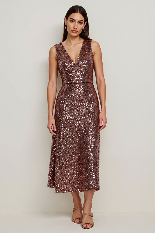 Sparkly Coffee Sequin V-Neck Long Holiday Party Dress