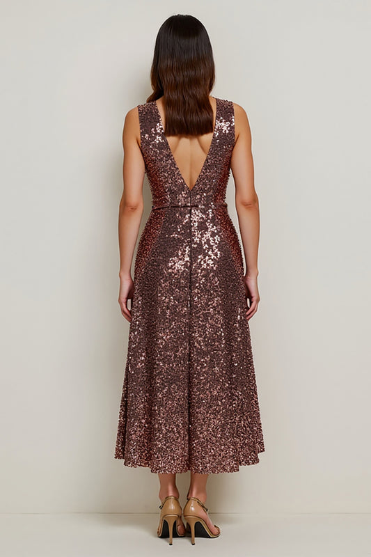 Sparkly Coffee Sequin V-Neck Long Holiday Party Dress