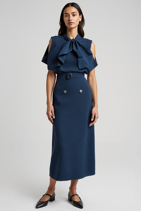 Dark Blue Pencil Short Sleeves Maxi Work Dress with Bow