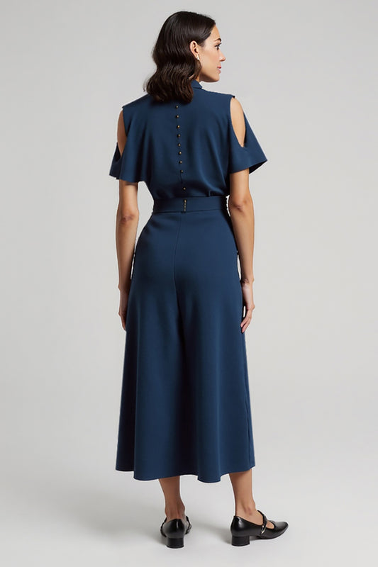 Dark Blue Pencil Short Sleeves Maxi Work Dress with Bow