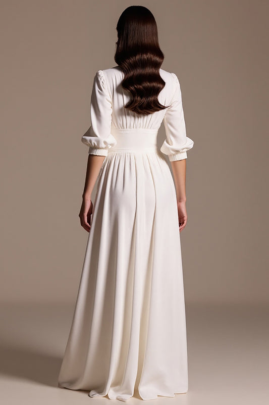 White A Line Maxi Work Dress with Sleeves
