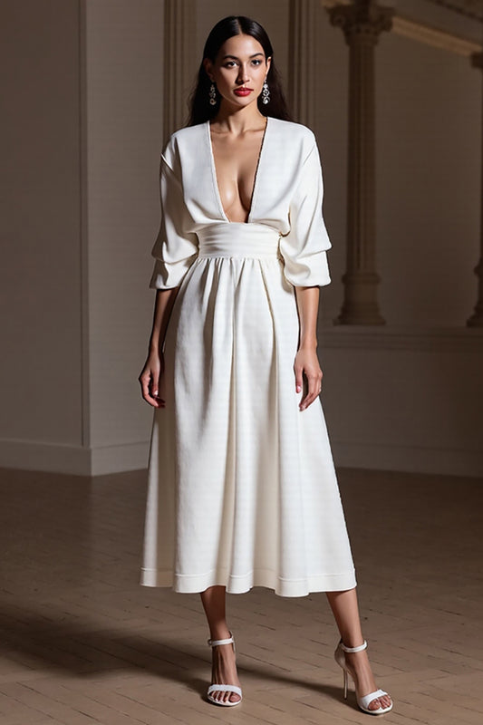 White A Line V-Neck Maxi Work Dress with Sleeves
