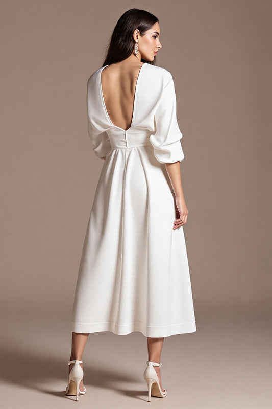 White A Line V-Neck Maxi Work Dress with Sleeves