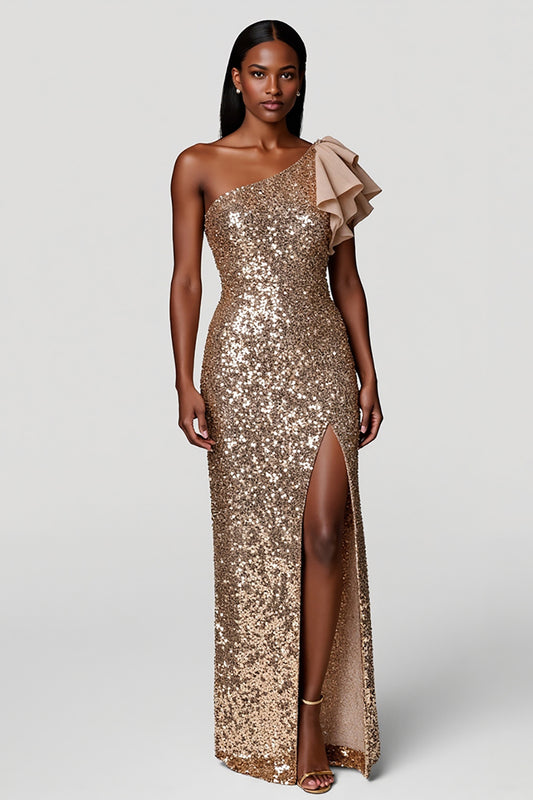 Sparkly Champagne One Shoulder Long Holiday Party Dress with Ruffles