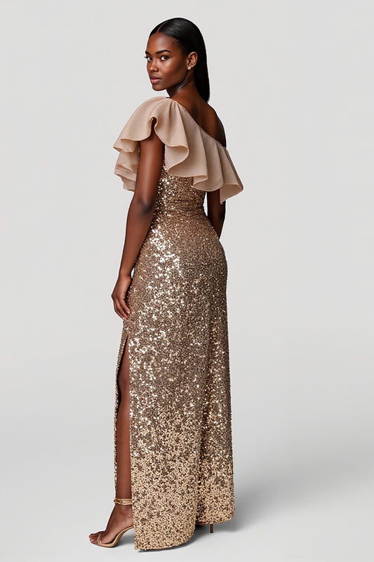 Sparkly Champagne One Shoulder Long Holiday Party Dress with Ruffles