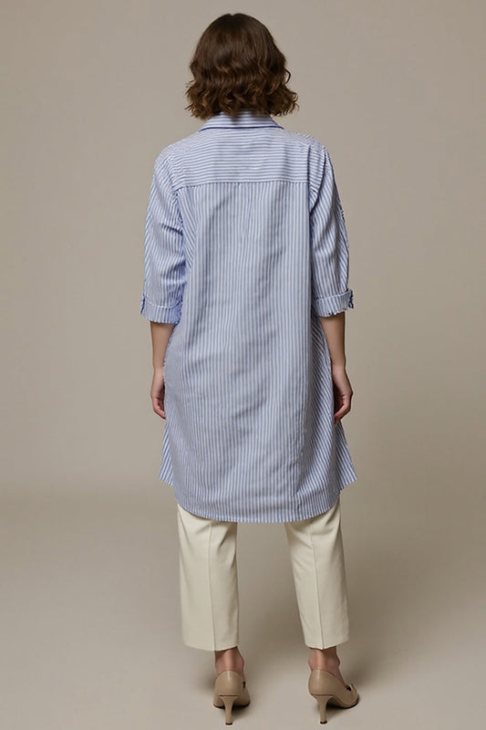 Blue Striped Long Sleeves Collar Neck Women Shirt