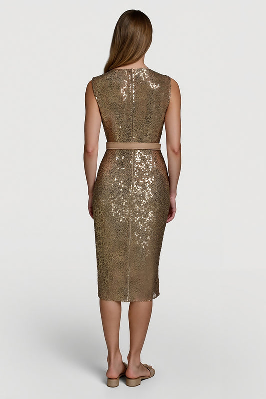 Sparkly Golden Sequin V-Neck Midi Cocktail Dress with Belt