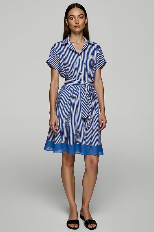 Blue Striped Short Sleeves A Line Shirt Dress with Sash