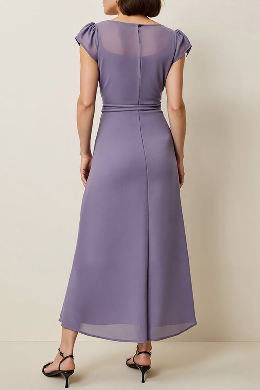 Grey Purple Chiffon A Line Semi Formal Dress with Sash