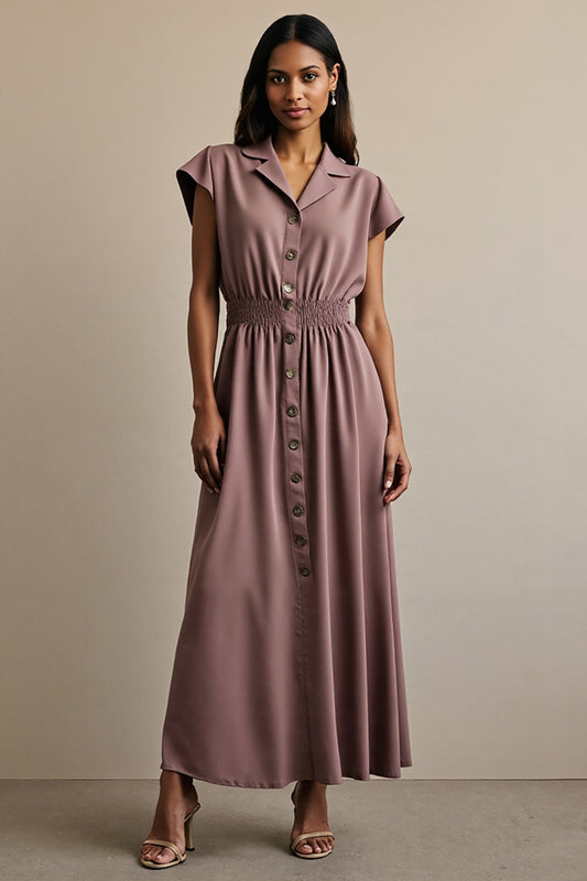 Grey Purple A Line Notched Lapel Maxi Work Dress with Sleeves