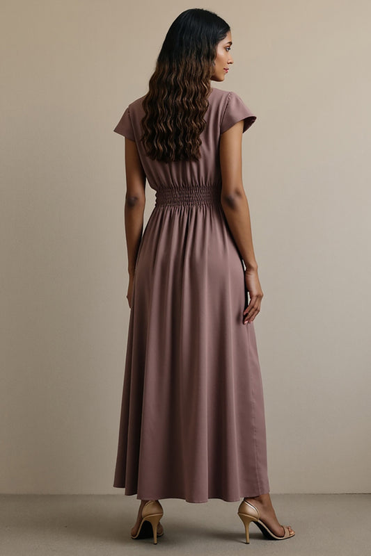 Grey Purple A Line Notched Lapel Maxi Work Dress with Sleeves