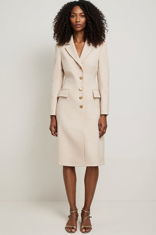 Apricot Pencil Notched Lapel Midi Blazer Dress with Sleeves
