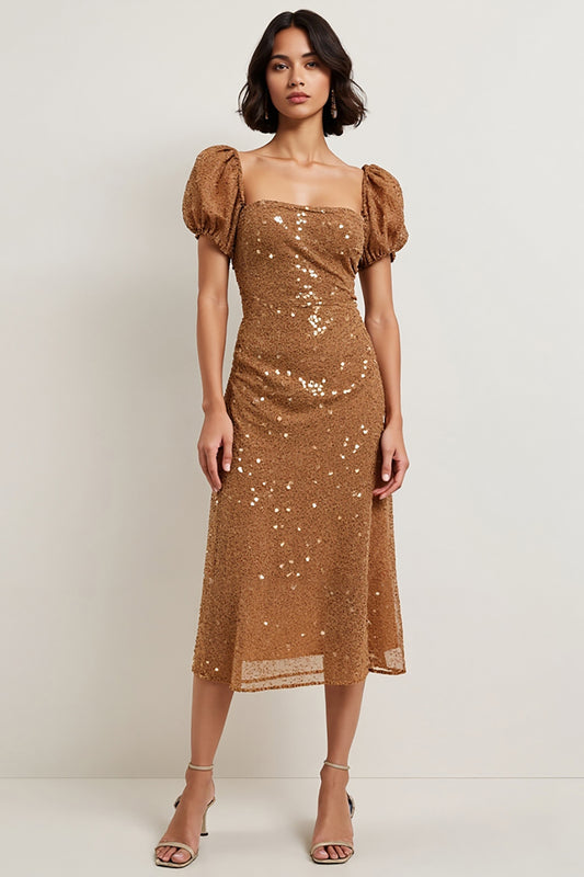 Sparkly Brown Sequin Puff Sleeves Midi Holiday Party Dress