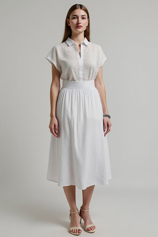 White 2 Piece A Line Midi Work Blouse and Skirt with Sleeves