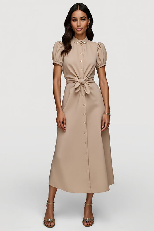 Khaki Short Sleeves Ruched Maxi Work Dress with Sash