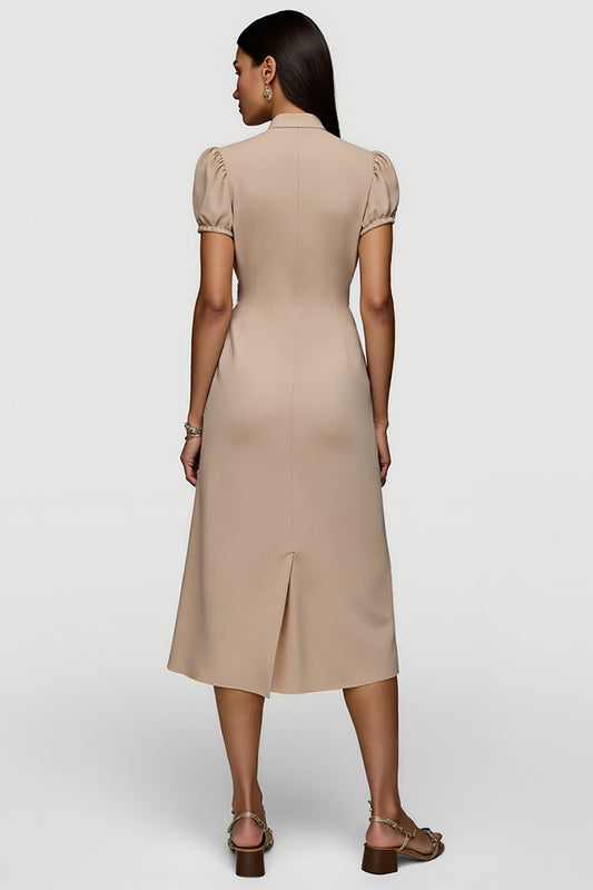 Khaki Short Sleeves Ruched Maxi Work Dress with Sash
