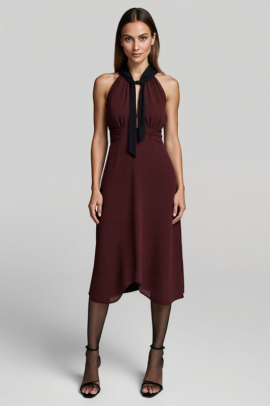 Burgundy Halter A Line Midi Work Dress with Sash