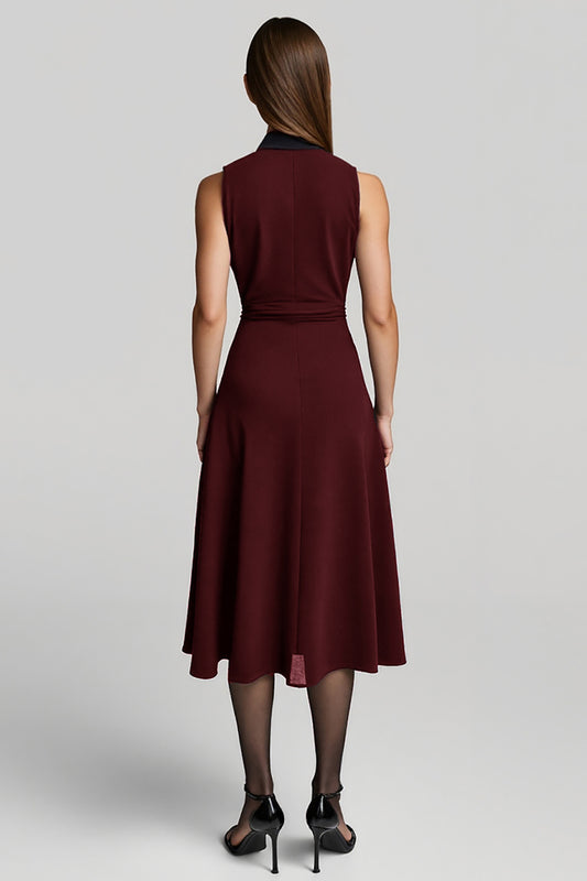 Burgundy Halter A Line Midi Work Dress with Sash
