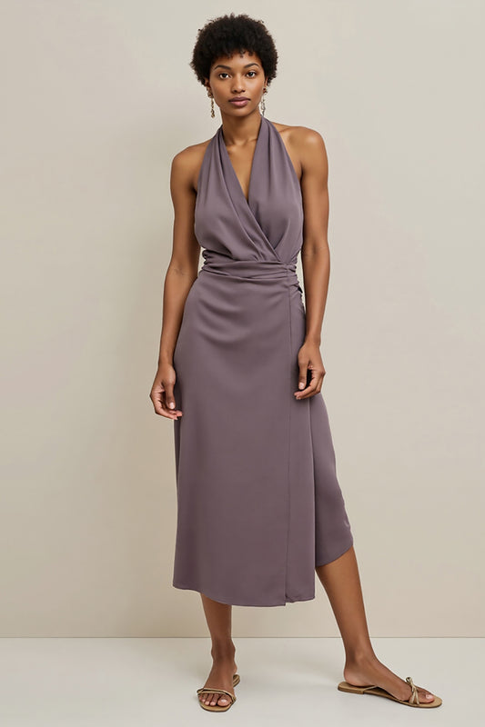 Grey Purple Halter Pencil Ruched Satin Maxi Work Dress