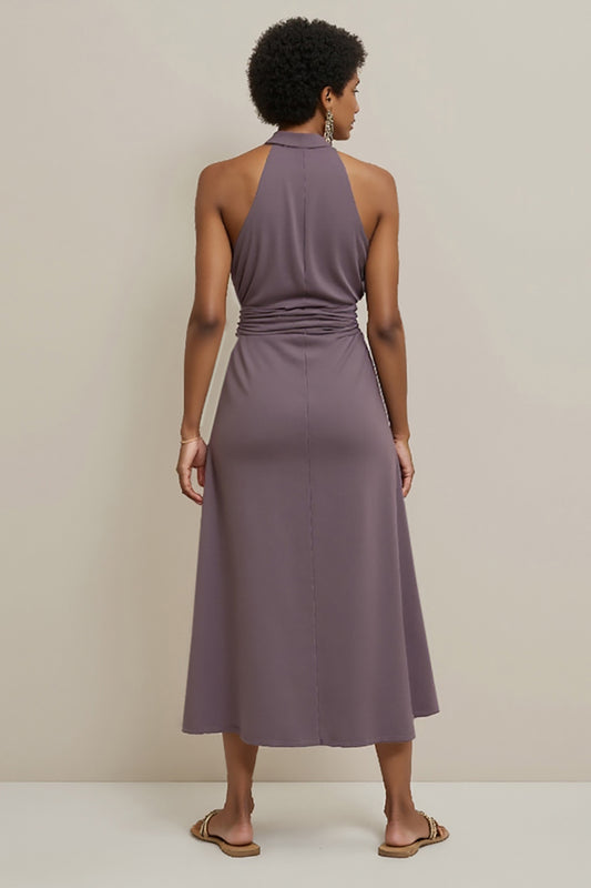 Grey Purple Halter Pencil Ruched Satin Maxi Work Dress