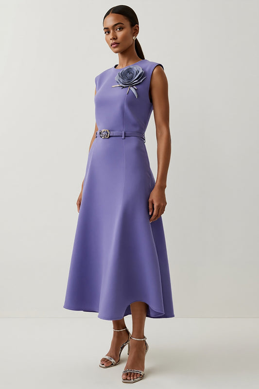 Purple A Line Floral Satin Maxi Work Dress with Belt