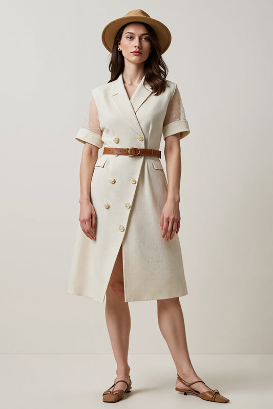 Apricot A Line Short Sleeves Midi Blazer Dress with Belt