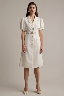 Ivory Notched Lapel Short Sleeves A Line Midi Blazer Dress with Belt