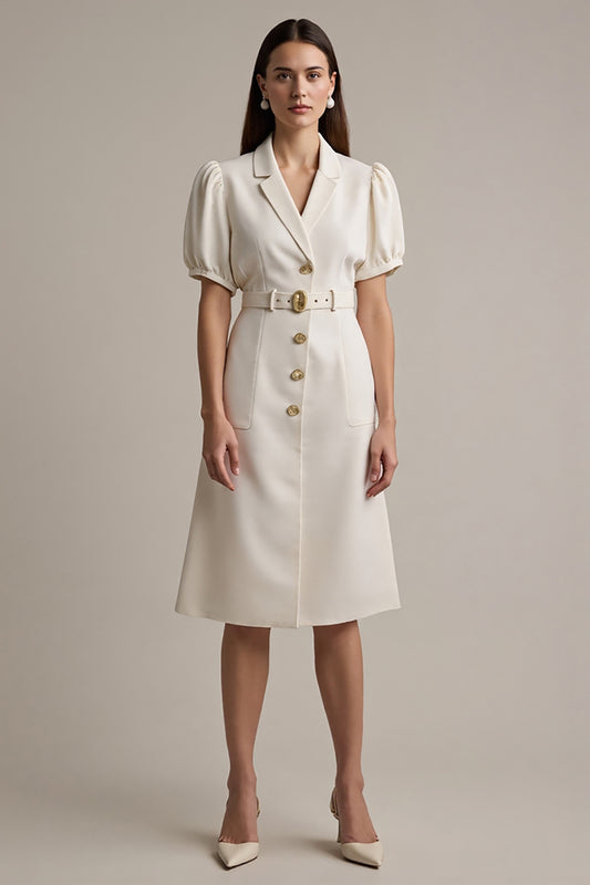 Ivory Notched Lapel Short Sleeves A Line Midi Blazer Dress with Belt