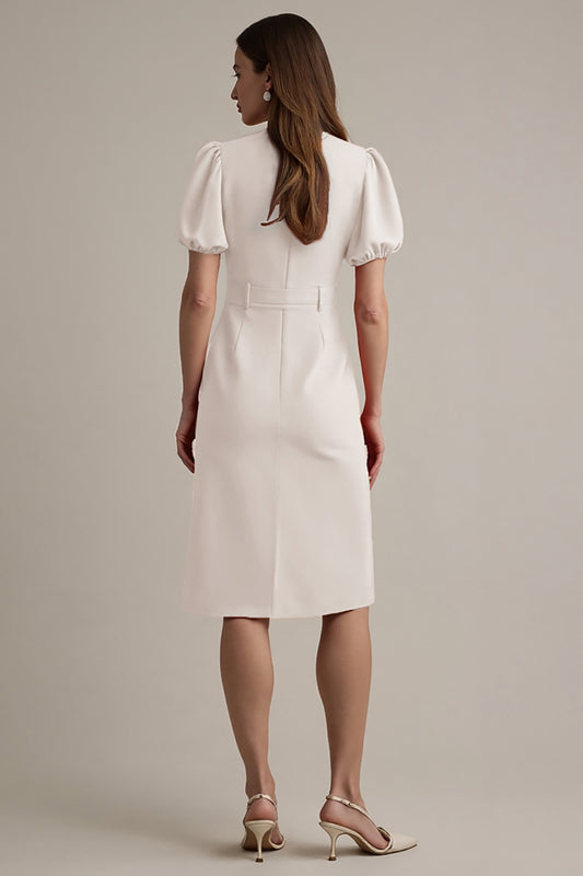 Ivory Notched Lapel Short Sleeves A Line Midi Blazer Dress with Belt