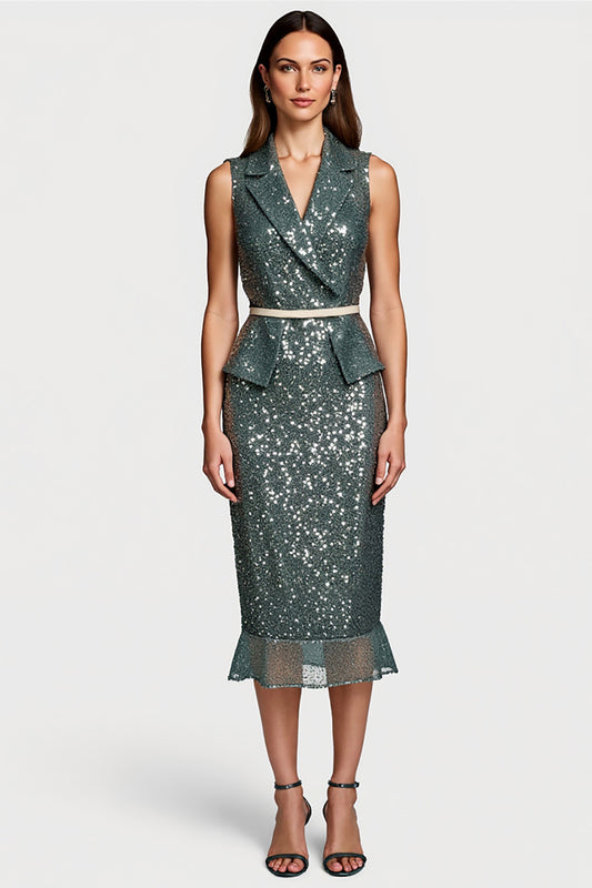Sparkly Grey Green Notched Lapel Sequin Midi Holiday Party Dress