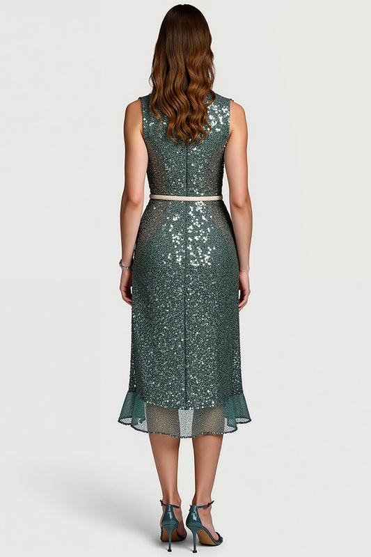 Sparkly Grey Green Notched Lapel Sequin Midi Holiday Party Dress