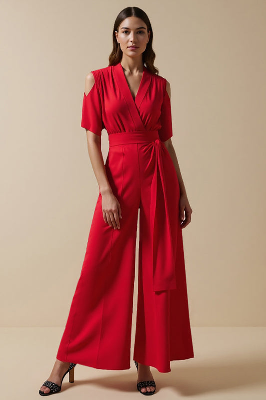Red V-Neck Short Sleeves Work Jumpsuits with Sash