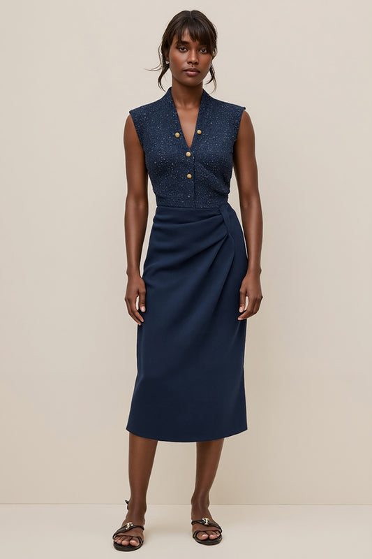 Navy V-Neck Satin Ruched Pencil Midi Work Dress