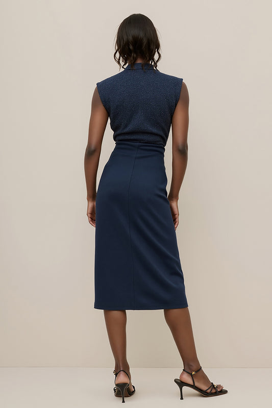 Navy V-Neck Satin Ruched Pencil Midi Work Dress