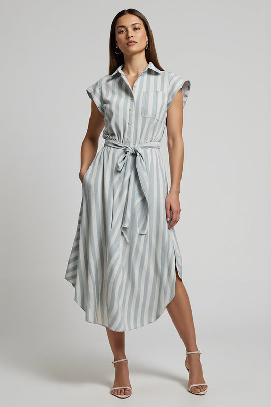 Light Blue Striped Cap Sleeves Midi Work Dress with Sash