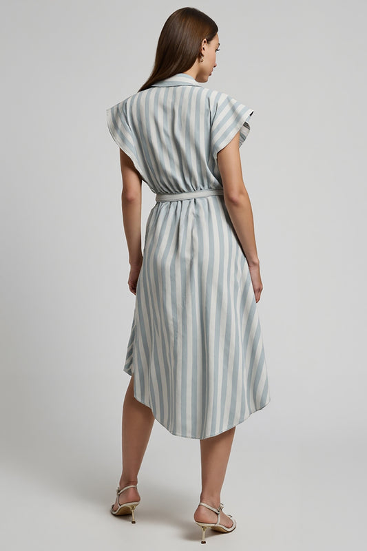 Light Blue Striped Cap Sleeves Midi Work Dress with Sash