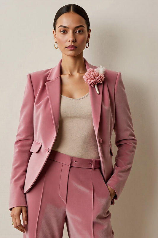 Grey Pink 2 Piece Floral Notched Lapel Velvet Business Suits with Pockets