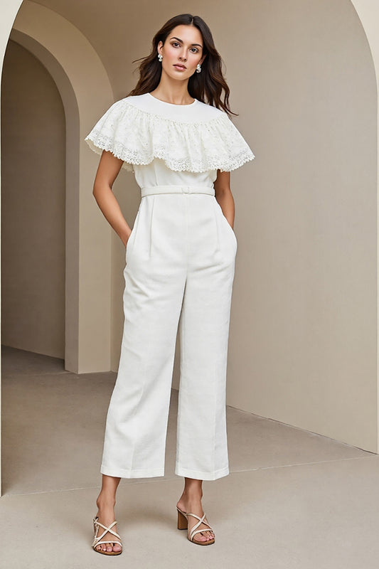 White Round Neck Work Jumpsuits with Lace