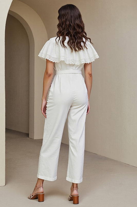 White Round Neck Work Jumpsuits with Lace